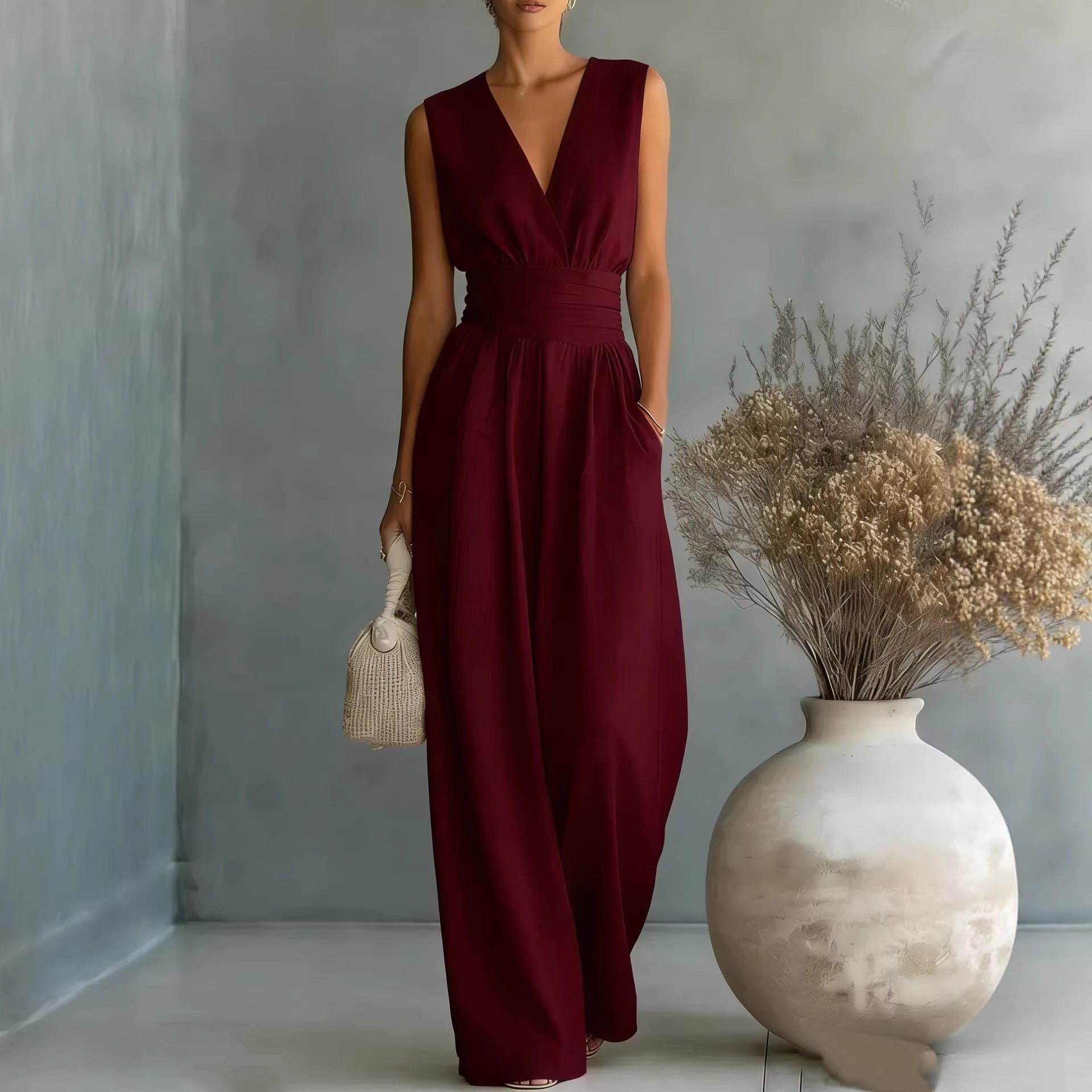 Womens Elegant Sleeveless Waist-Cinching V-Neck Sophisticated Jumpsuit