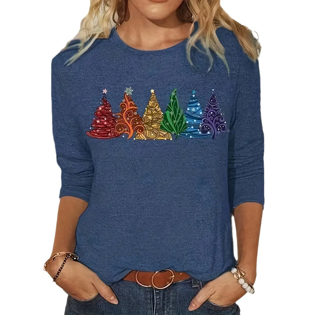 Festive Christmas Tree Print Long-Sleeve Casual Tee