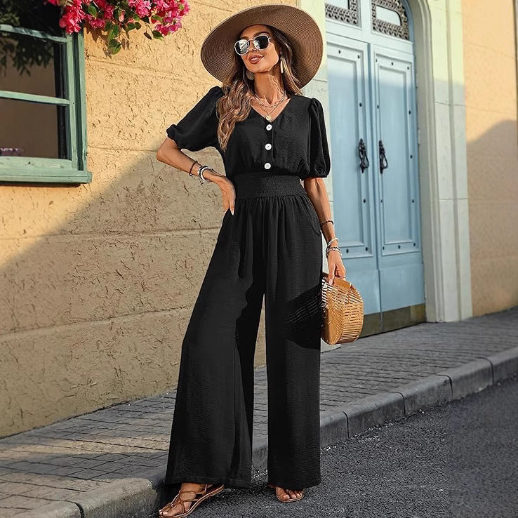 Chic Lapel Waist-Cinched Short-Sleeve Jumpsuit