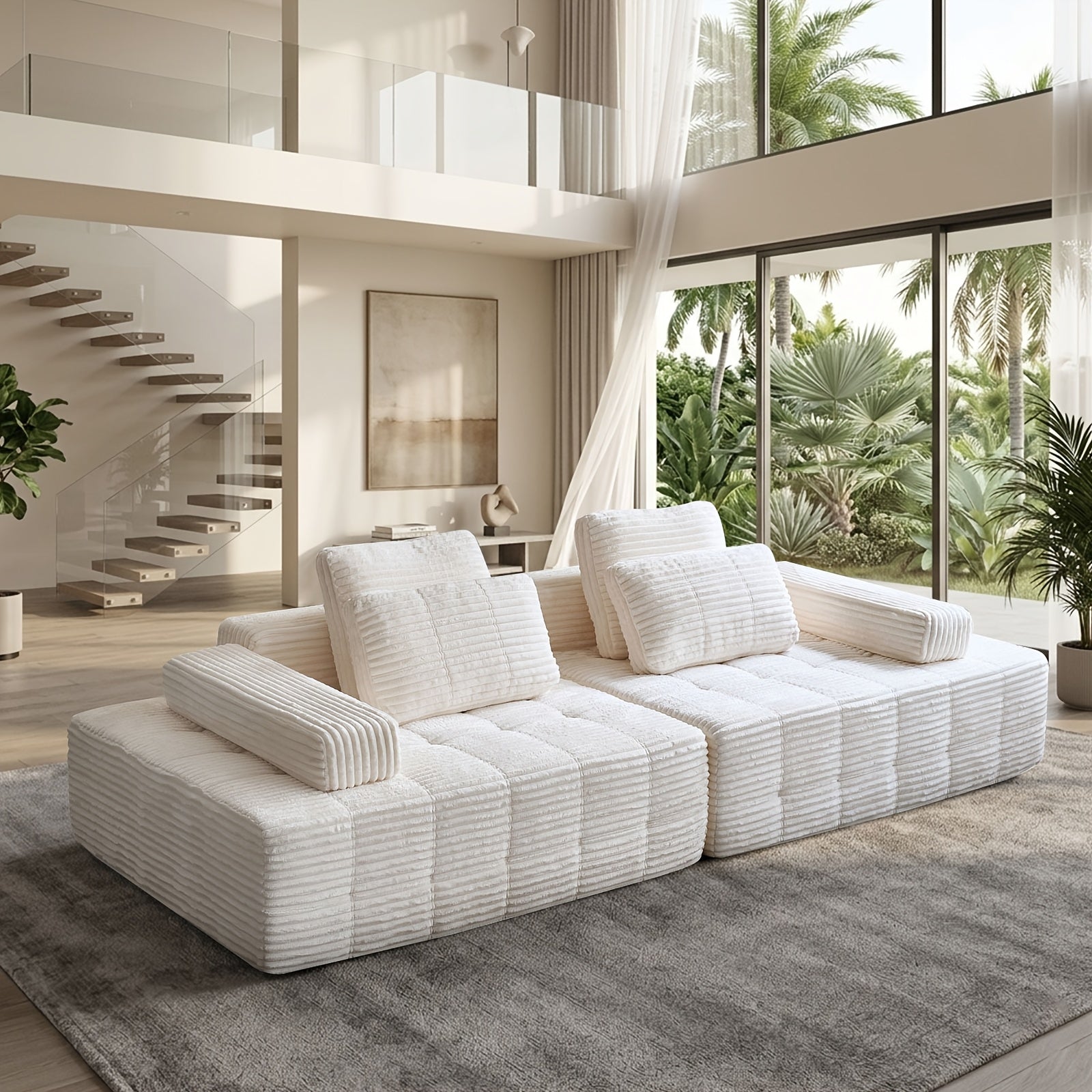 Modular L-shaped chaise longue sofa bed with deep seat and corduroy upholstery