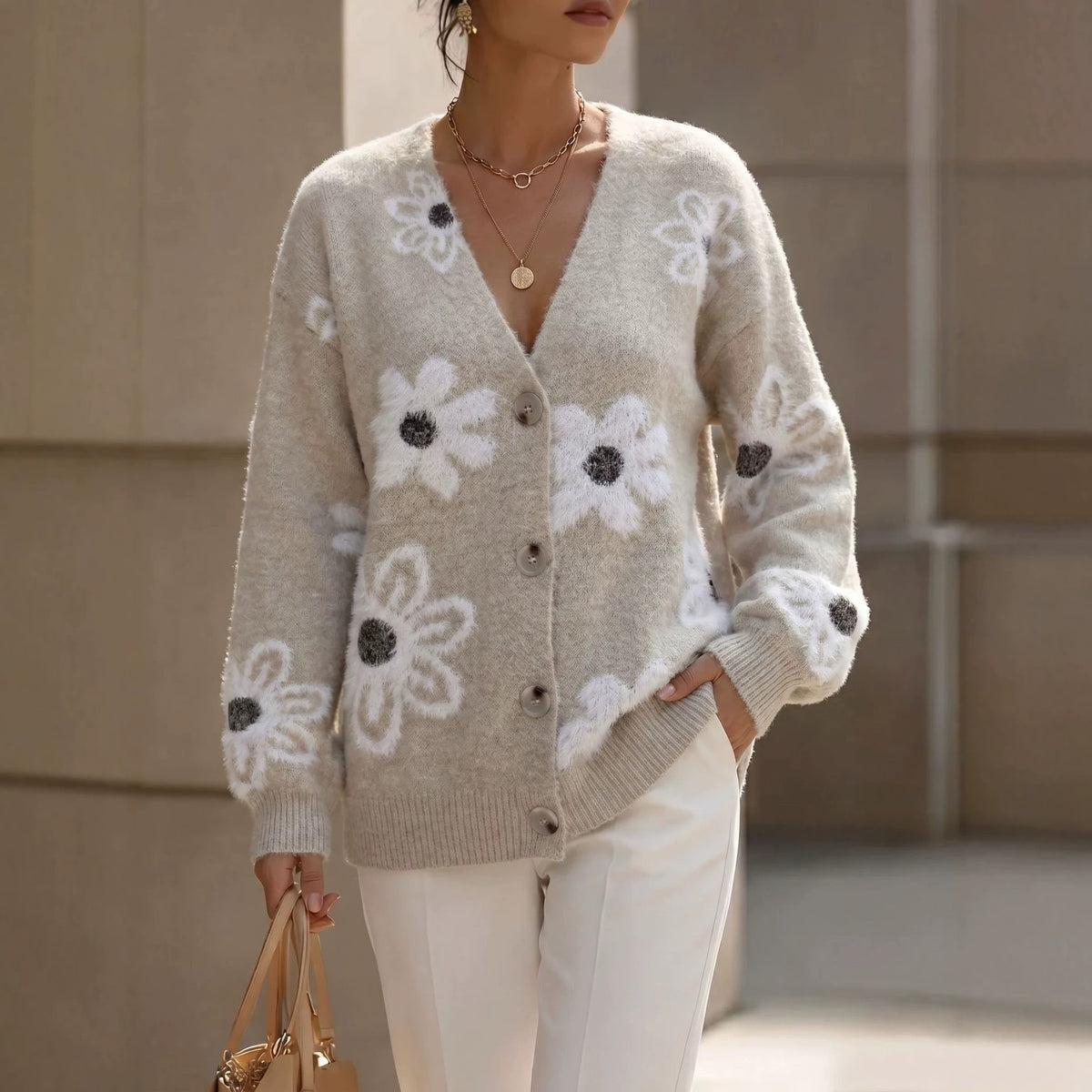 Floral-pattern Knit Cardigan V-neck Sweater Jacket