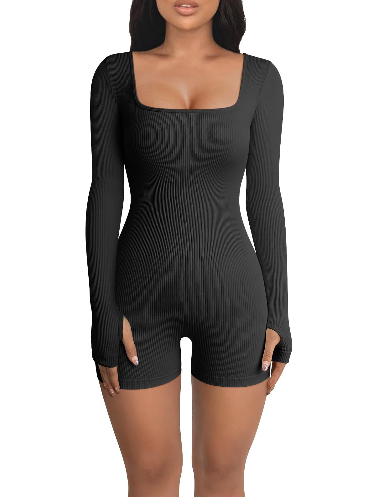 Slim-Fit Square Collar Long Sleeve Casual Jumpsuit