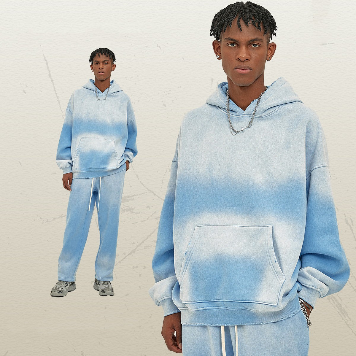 Distressed Fur-Lined Heavyweight Spray-Dyed Hoodie