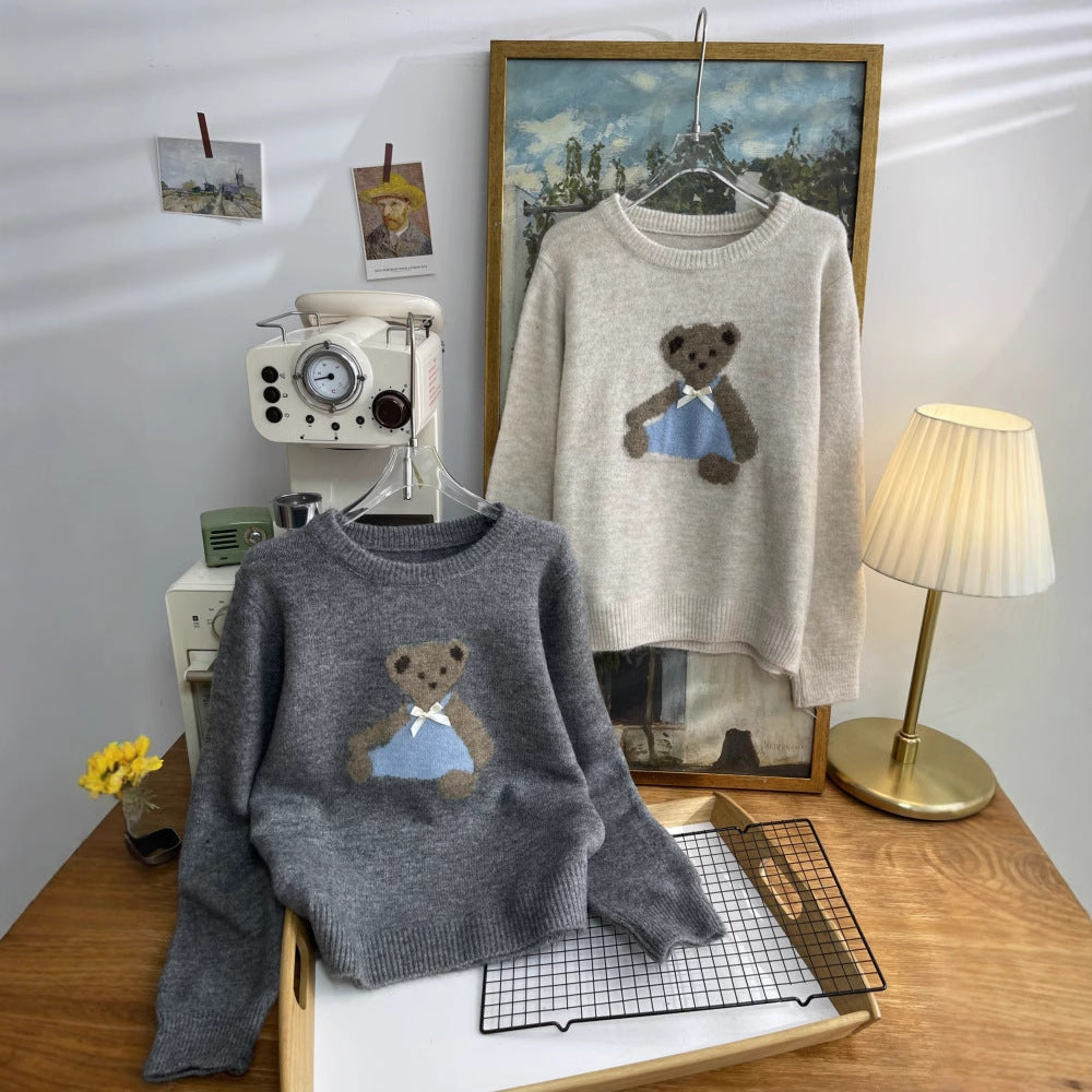 Japanese Bear Bow Cute Embroidery Autumn Winter Soft and Comfortable Sweater