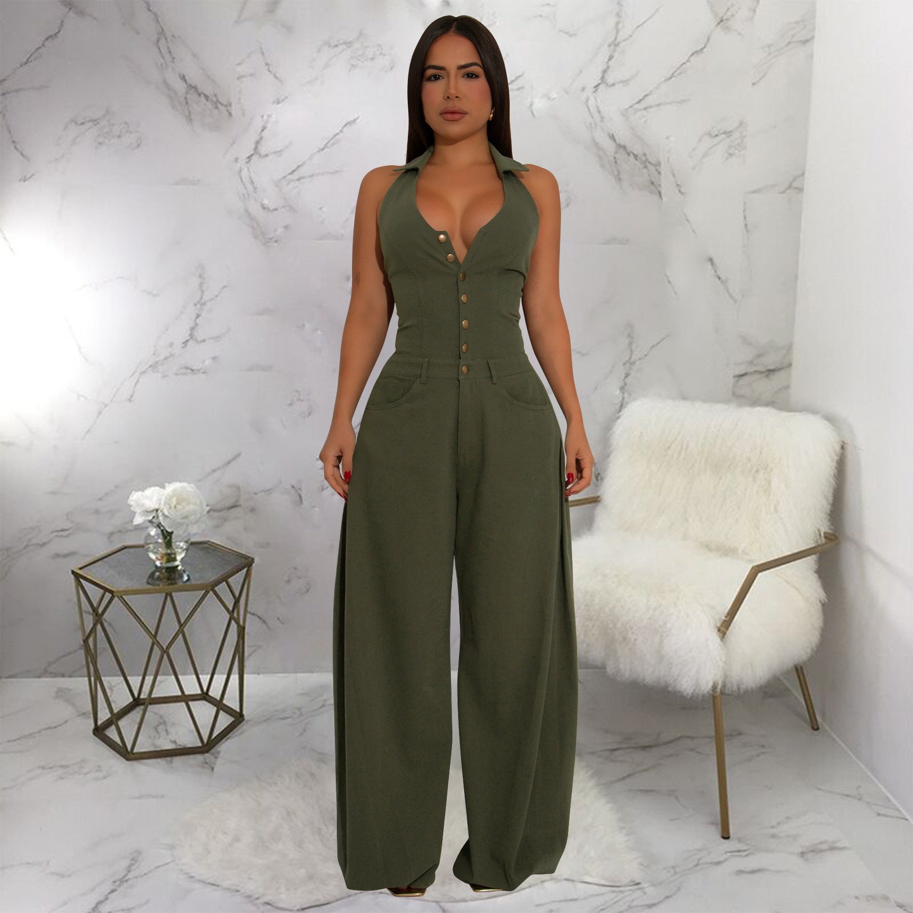 Fashionable Pocketed Sleeveless Backless Casual Jumpsuit