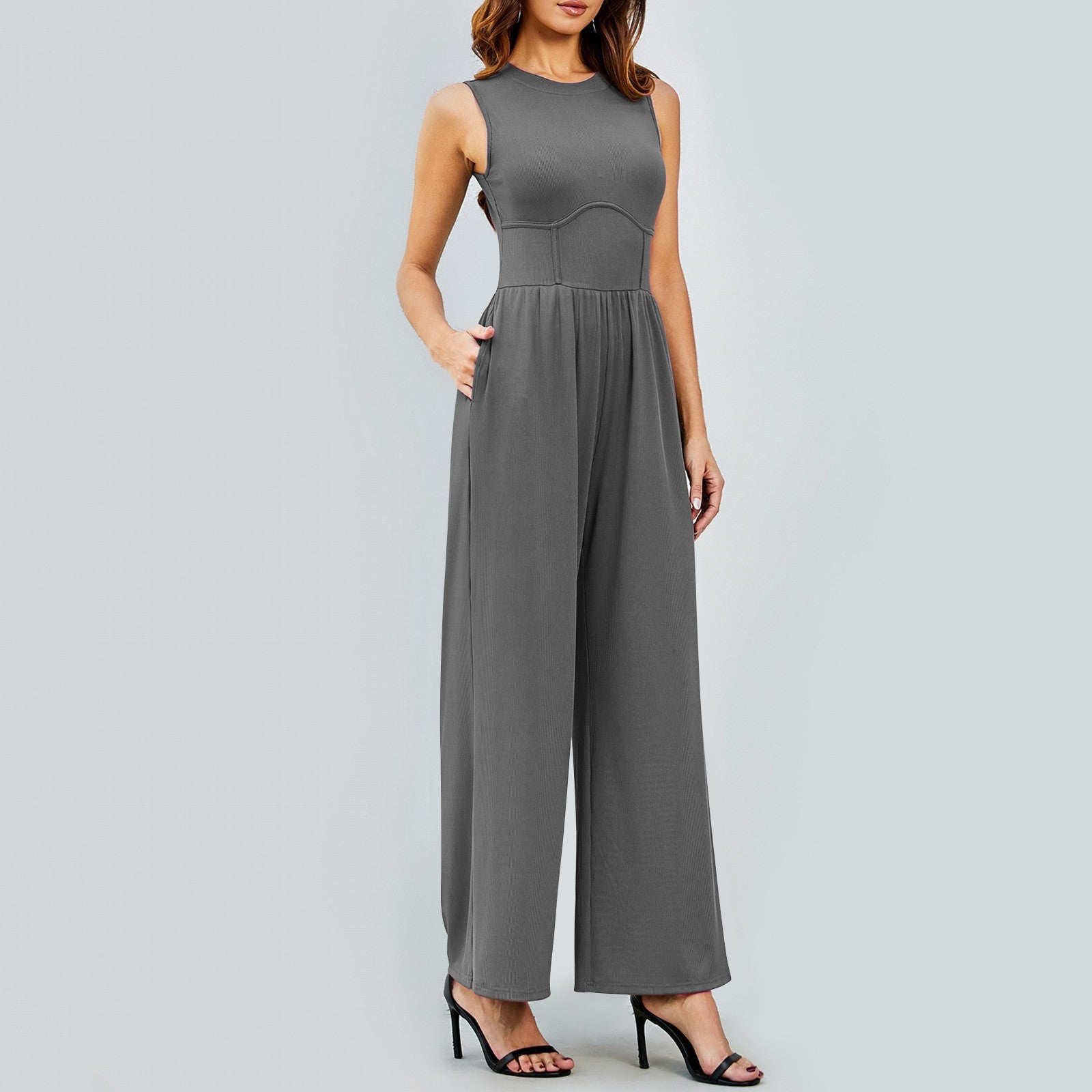 Womens Round-neck Solid-color Sleeveless Slim-fit Long Casual Jumpsuit
