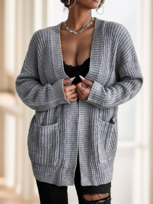 Chiquease Solid Dual Pockets Ribbed Knit Cardigan,long Sleeve Tops