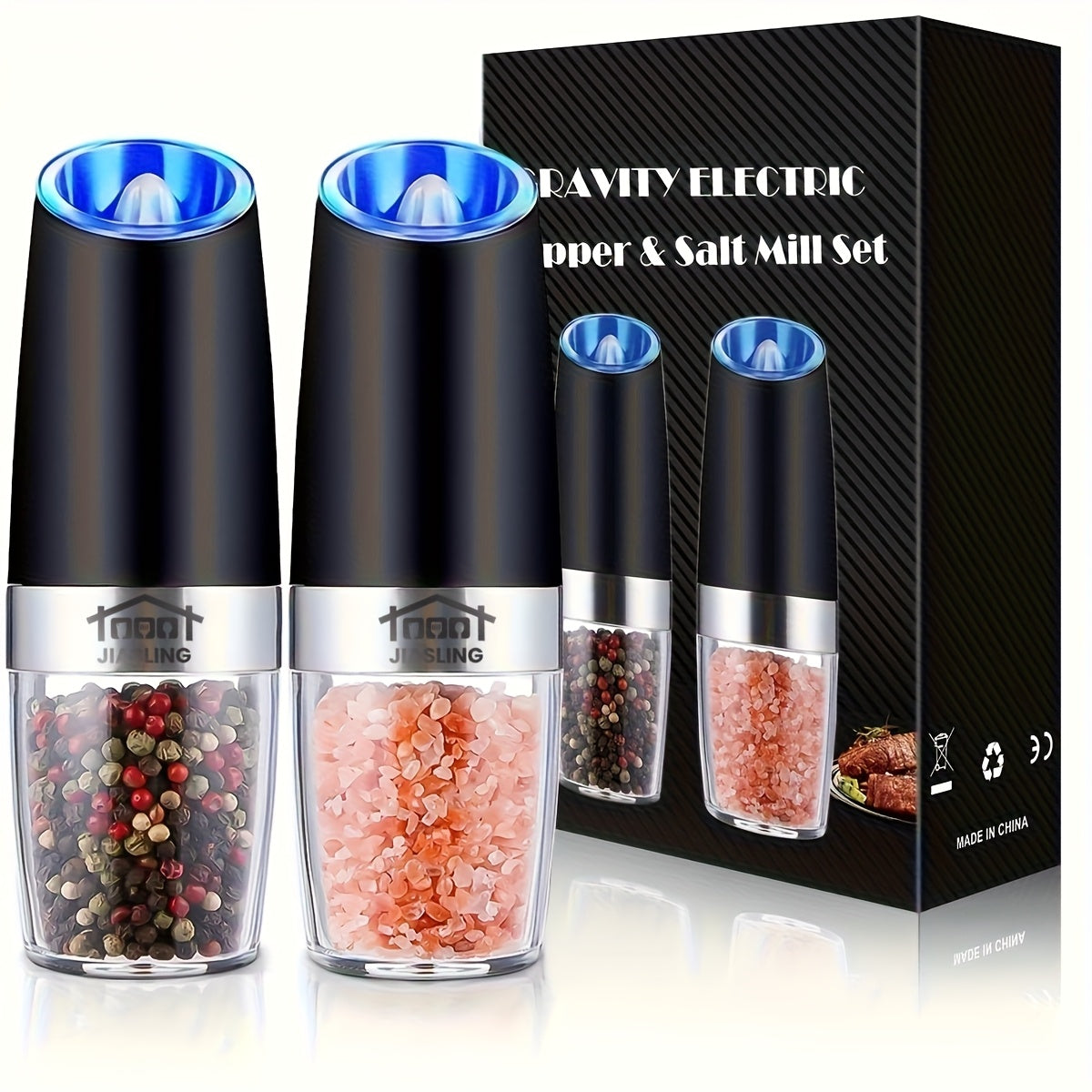 2PCS Gravity-powered Electric Salt and Pepper Grinder Battery-powered LED Light One-handed Automatic Operation Adjustable Coarse Grinder Grinder Black Rocking Chair Creative Kitchen Gadget Gift Bat...