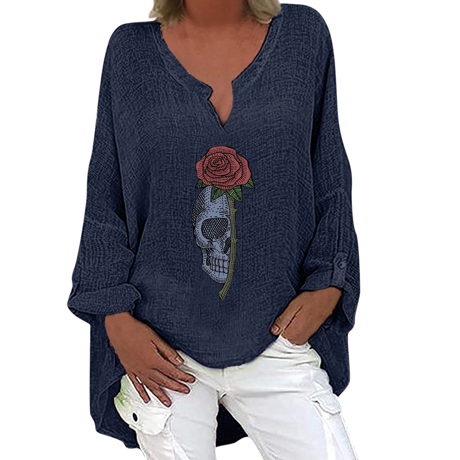Halloween V-Neck Cotton Linen Long Sleeve Shirt