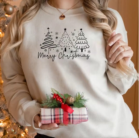 Festive Solid Color Christmas Crewneck Sweatshirt for Women