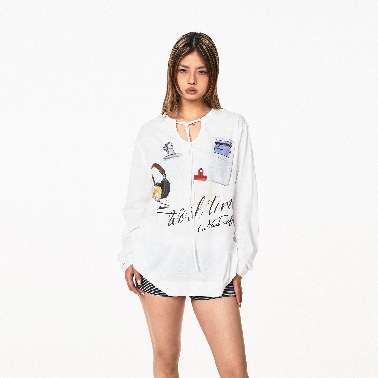 Printed Lace Up V-neck Long-sleeved T-shirt Women's Tops Casual Bottoming Shirt