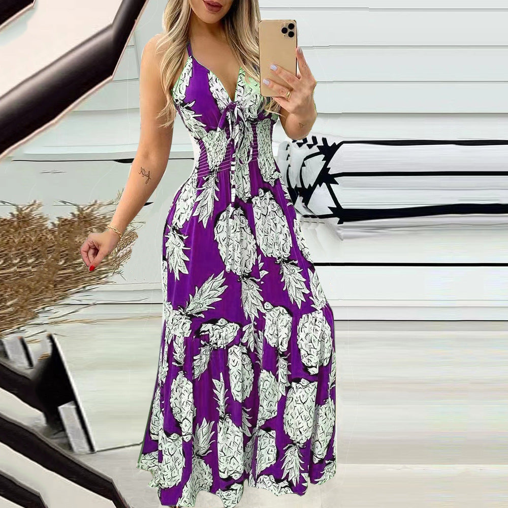 Bohemian Pineapple Print Spaghetti Strap Maxi Dress, Deep V Neck Tie Front Ruched Waist Flowy Long Dress for Beach Vacation Summer Dress for Women