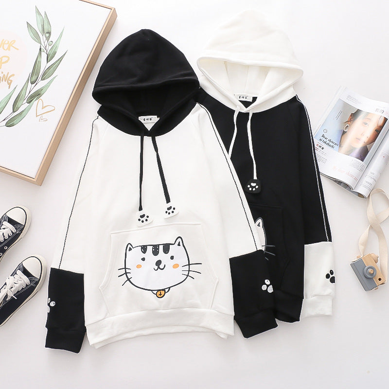 Cute Cat & Fish Print Fleece Hoodie for Women