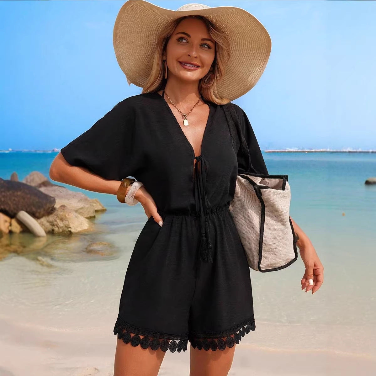Chic French V-Neck Lace-Up Jumpsuit