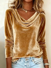 Velvet Cowl Neck Long Sleeve Tee – Solid Color, Sexy Fit