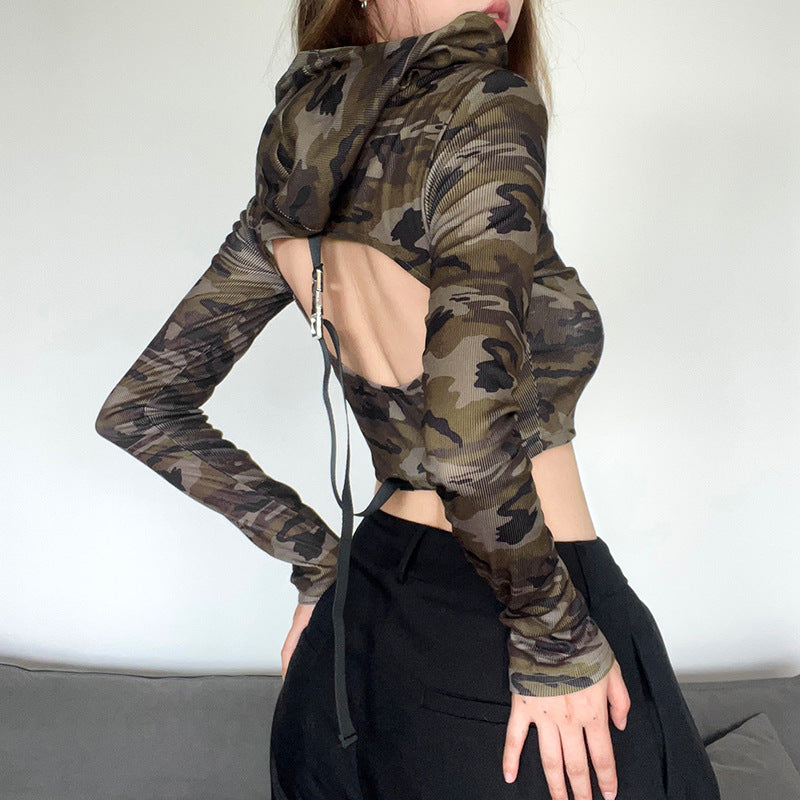 Camo Cutout Long Sleeve Crop Top with Adjustable Buckle