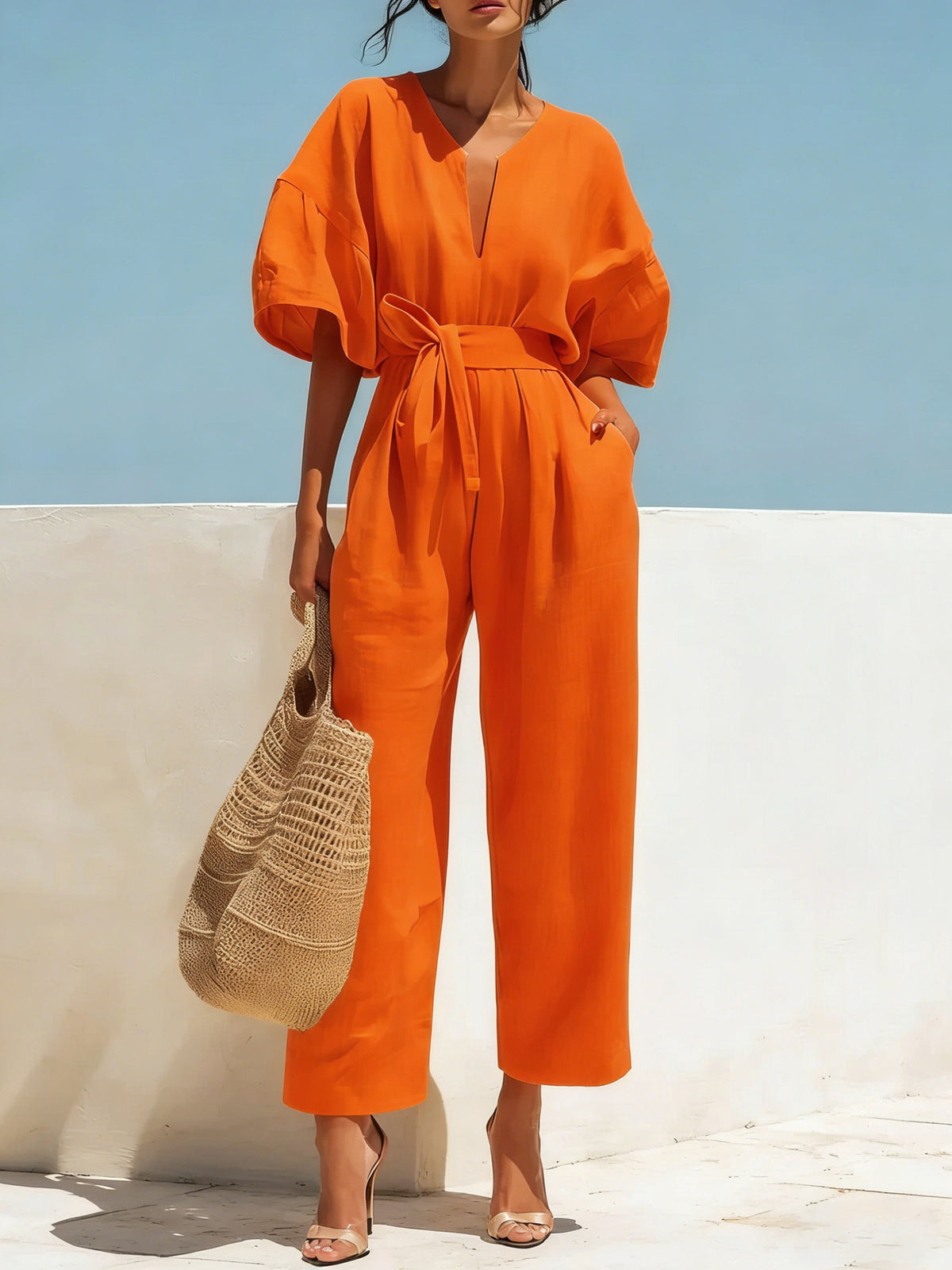 Women's Cotton Linen V-Neck Wide-Leg Jumpsuit