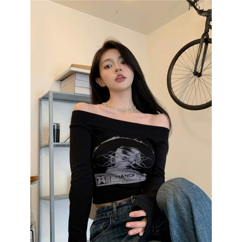 Women's Off-Shoulder Long Sleeve Slim Crop Top