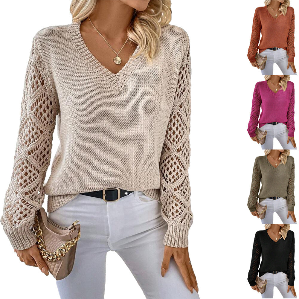 Women's Hollow V-Neck Long Sleeve Pullover Fashion Sweater