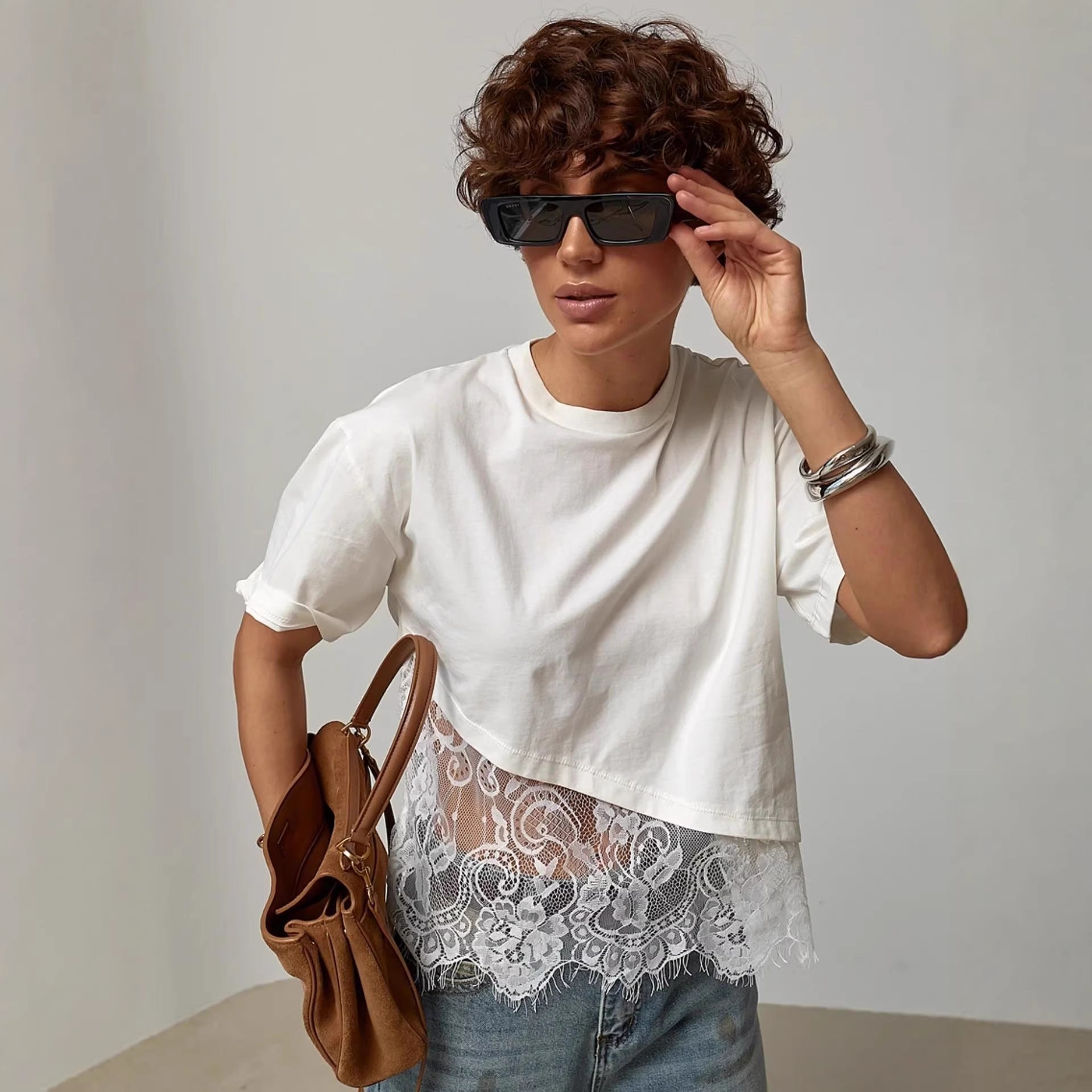 Mesh Lace Patchwork Short Sleeve Tee