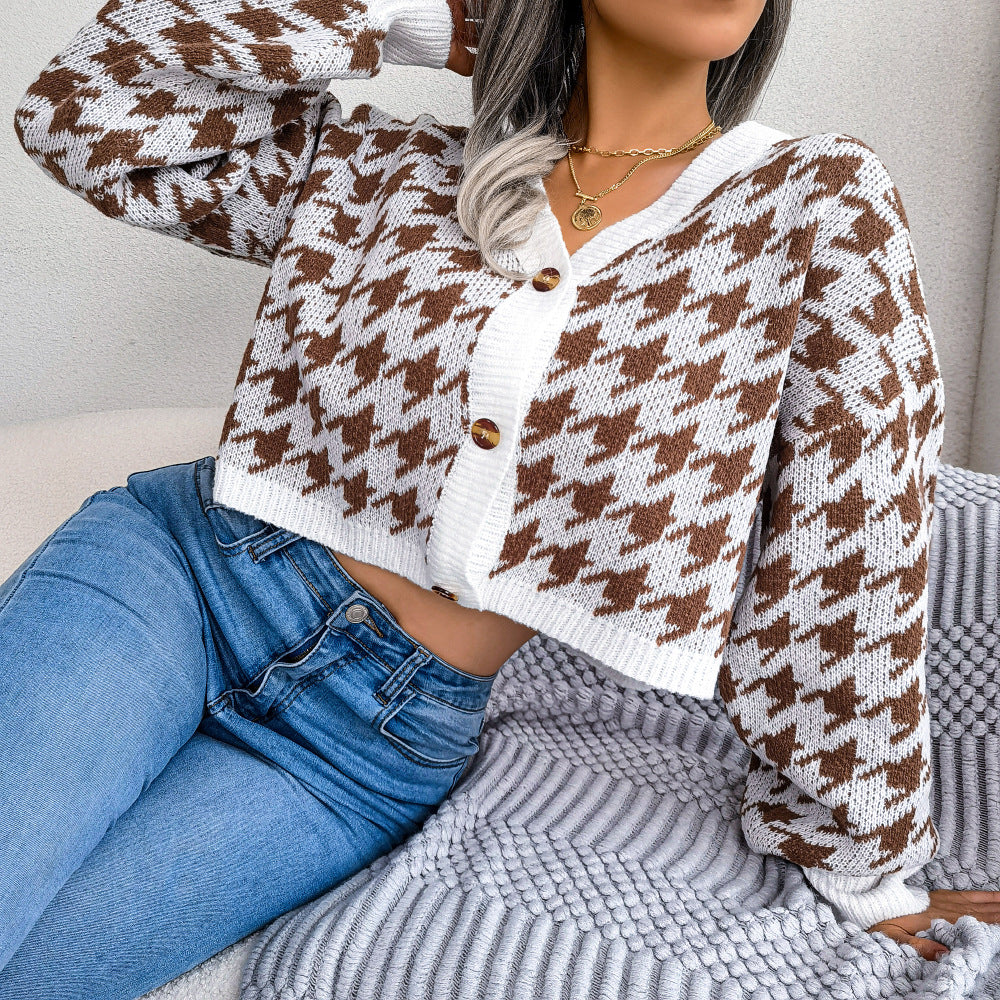 Chic Check Lantern Sleeve V-Neck Cardigan Sweater