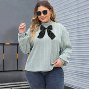 Half-high-neck T-shirt Top with Ribbon Bow Detailing and Ribbed Paneling Base Layer