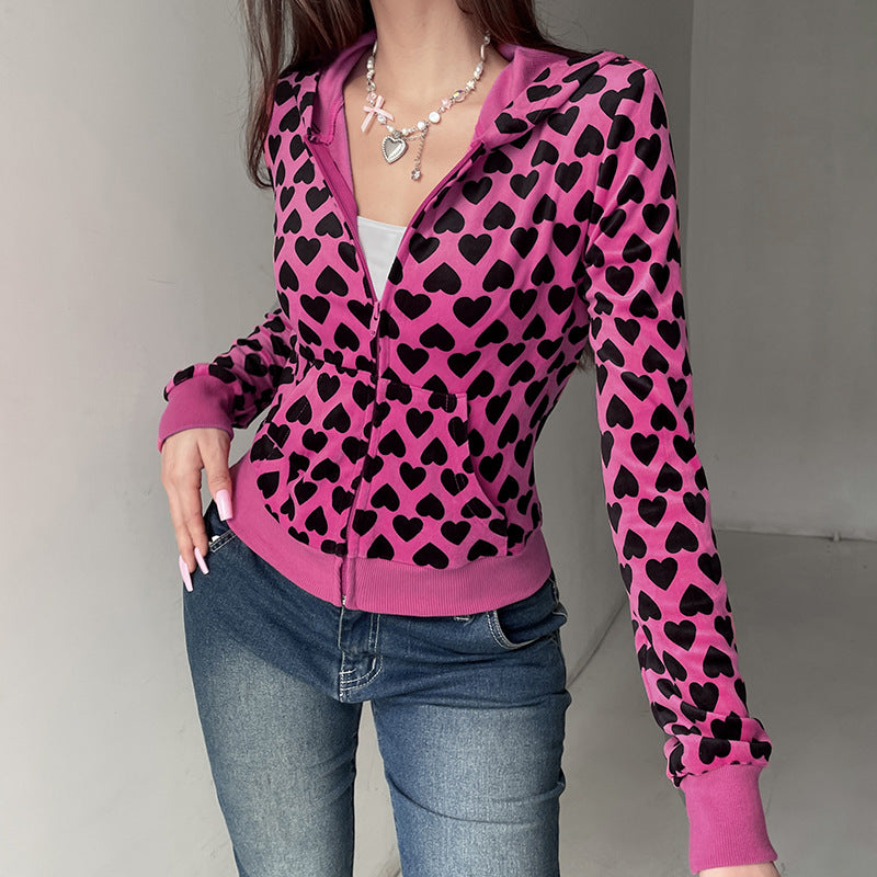Chic Suede Love Heart Slim-Fit Women's Hooded Coat