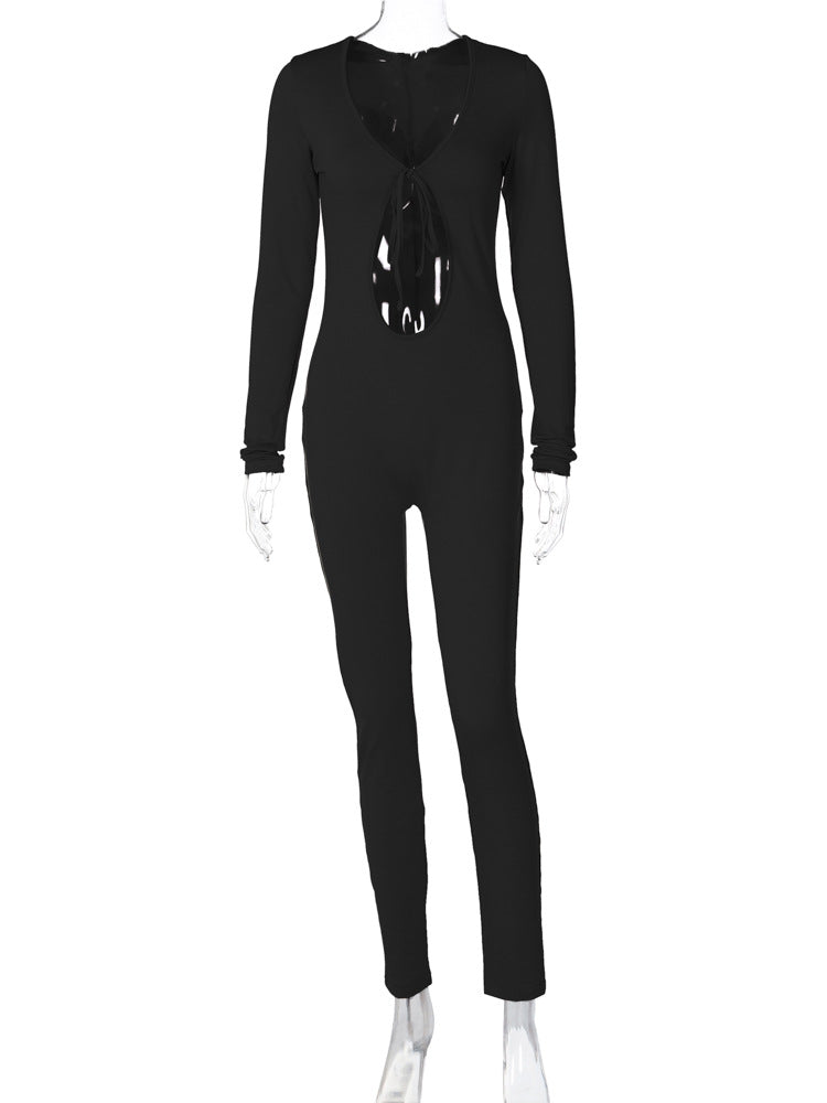 Slim-Fit Long Sleeve Chest Hollow Jumpsuit