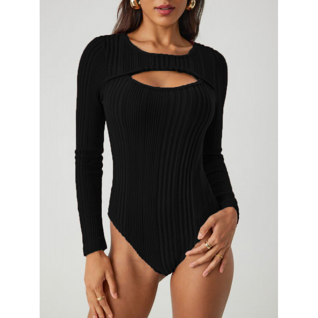 Ribbed Hollow-Out Long Sleeve Slim Romper