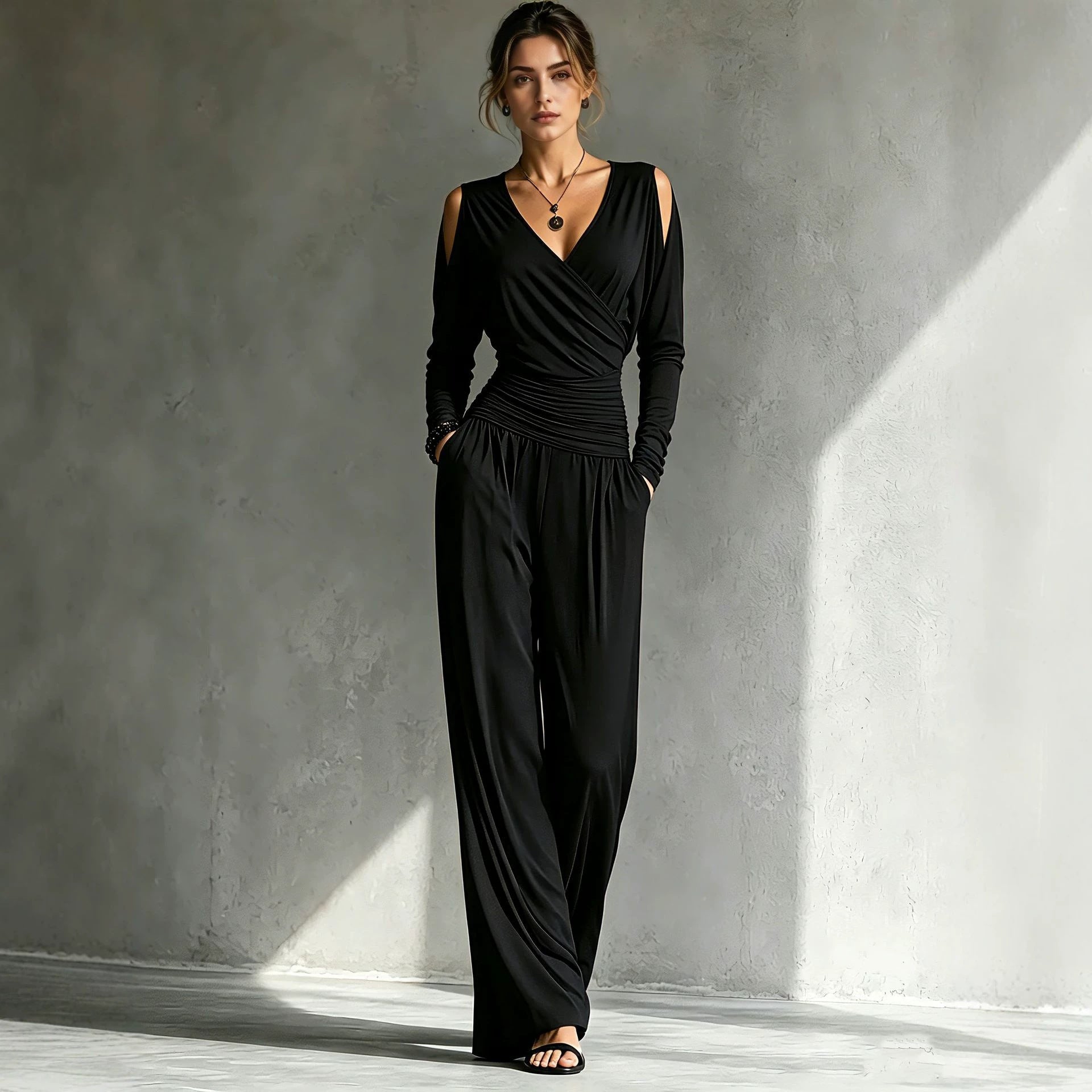 Long-sleeve Waist-cinched Pleated Casual Jumpsuit
