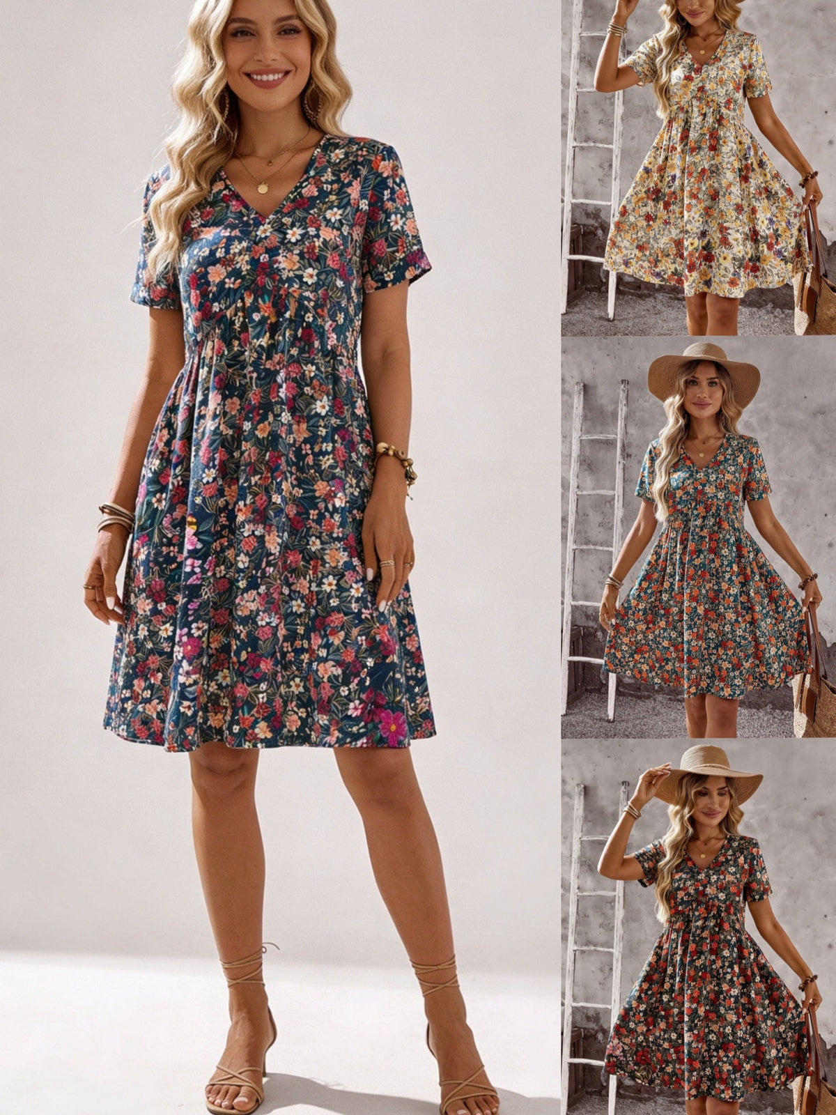 Cross-border Foreign Trade Summer Dress Bohemian Style Women's Clothing Amazon New Summer Short-sleeved V-neck Dress