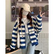 Women's Striped Hooded Zipper Cardigan Loose Sweater