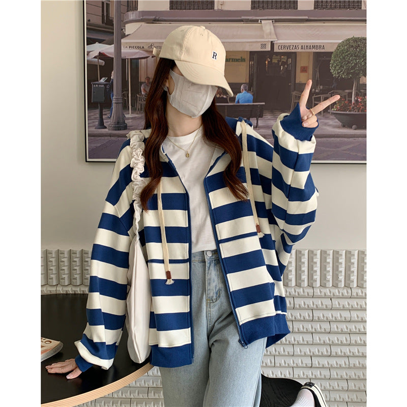 Women's Striped Hooded Zipper Cardigan Loose Sweater