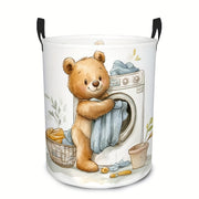 Beige Large Round Polyester Laundry Basket with Cartoon Bear Design and Handles