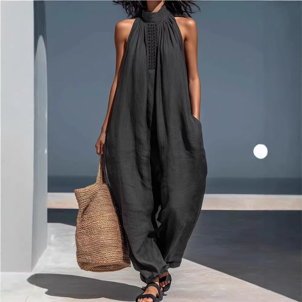 Women's Casual Sleeveless Stand-Collar Loose Jumpsuit