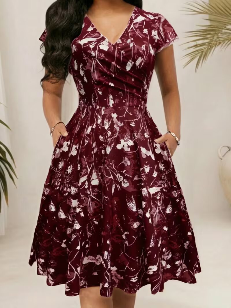 Womens Floral Waist Cinched Short Sleeve V Neck Dress