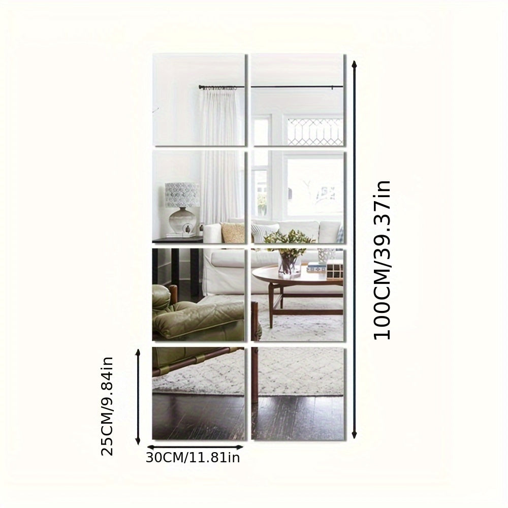 Frameless 12"x10" 8pcs Classic Square Wall Mirror Tiles - Easy Stick-On Installation, Modern Aesthetic, Decorative Wall Mirror for Bedroom, Home Gym, and Dorm Decor