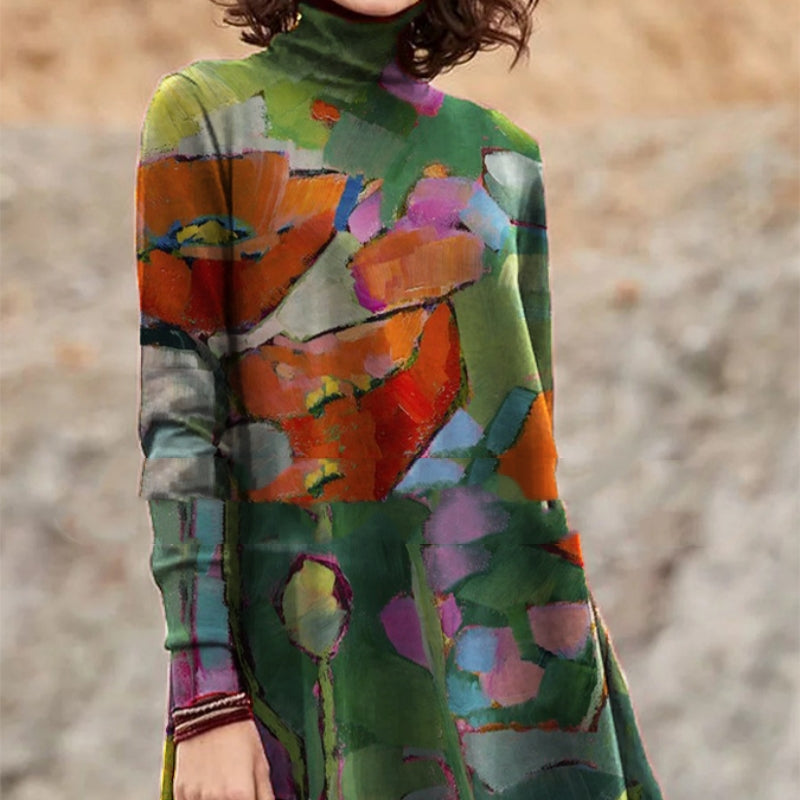 Colorful Oil Painting Turtleneck Long Sleeve Top
