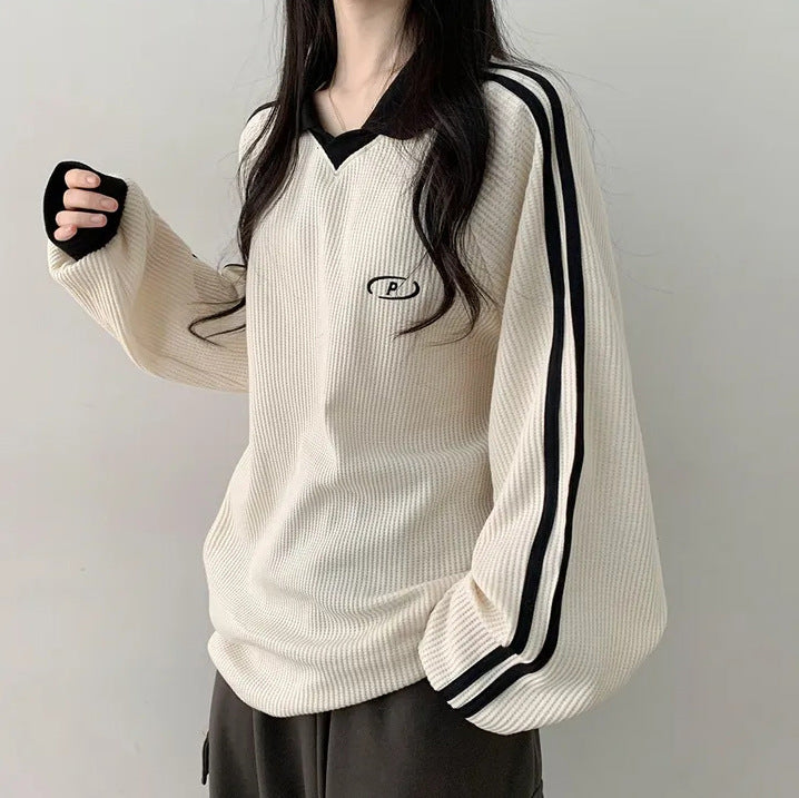 Vintage Waffle Knit Polo Sweater for Women