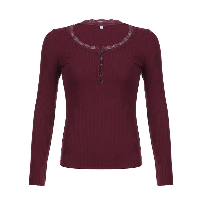 Lace Stitching Slim-Fit Long Sleeve Top