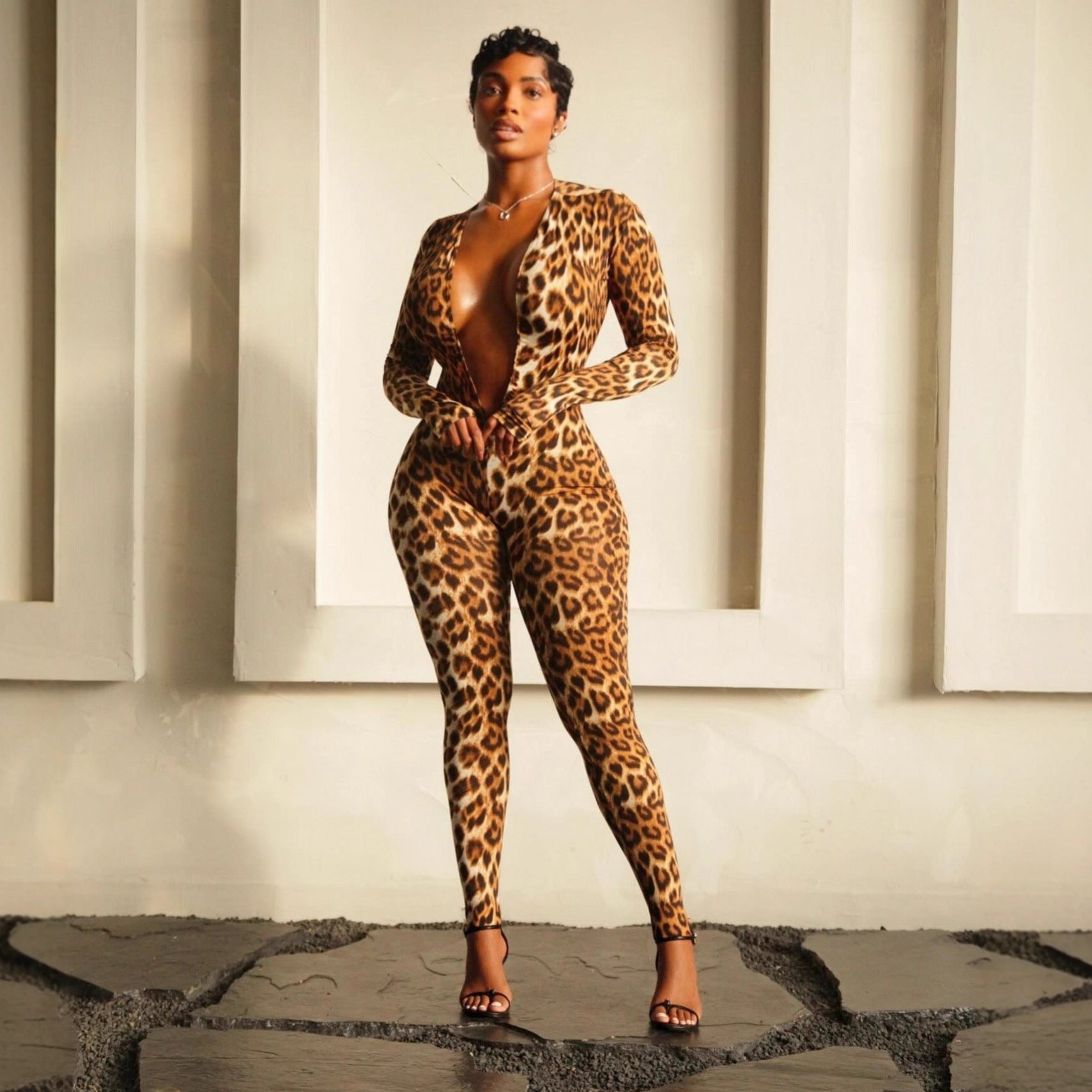 Womens Fashion Long-Sleeve Leopard-Print Jumpsuit