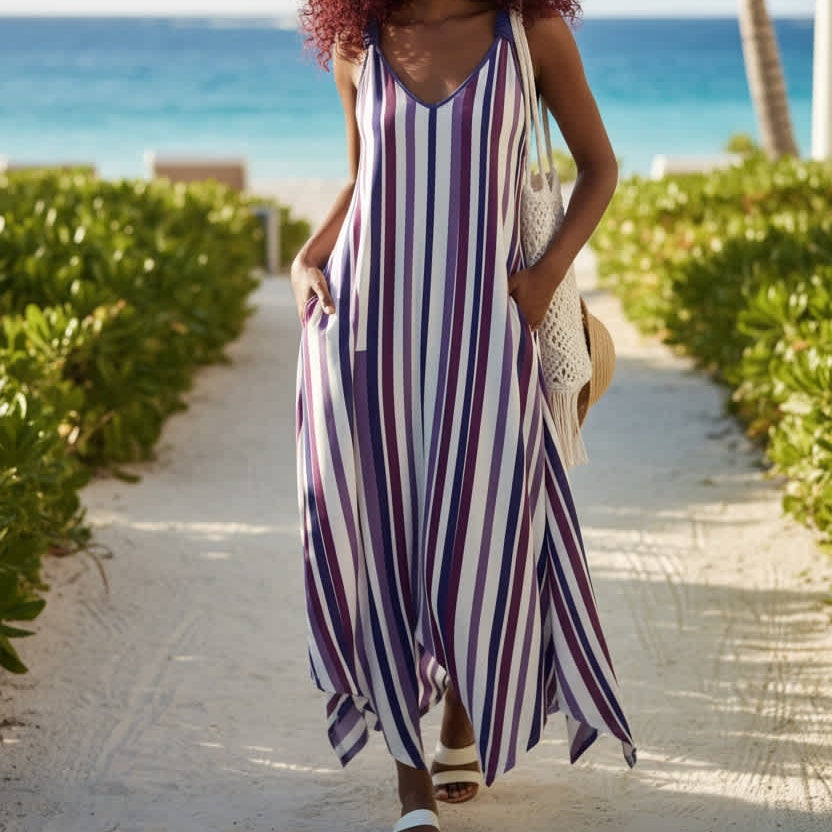 Womens Sleeveless V-neck Long Dress with a Handkerchief Hem Womens Apparel