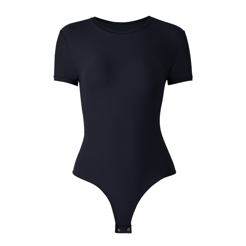 Womens Cinched Waist Shaping Bodysuit With Double-Layer Matte Texture And Tummy-Control Short Sleeves