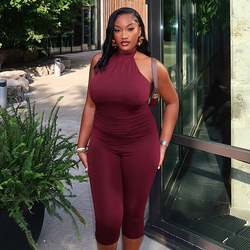 Solid-color Pleated Waist-cinching Capri Jumpsuit