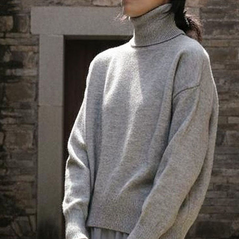 Elegant Commuter Knitted Long-sleeve T-shirt with a High Neck Pullover Sweater
