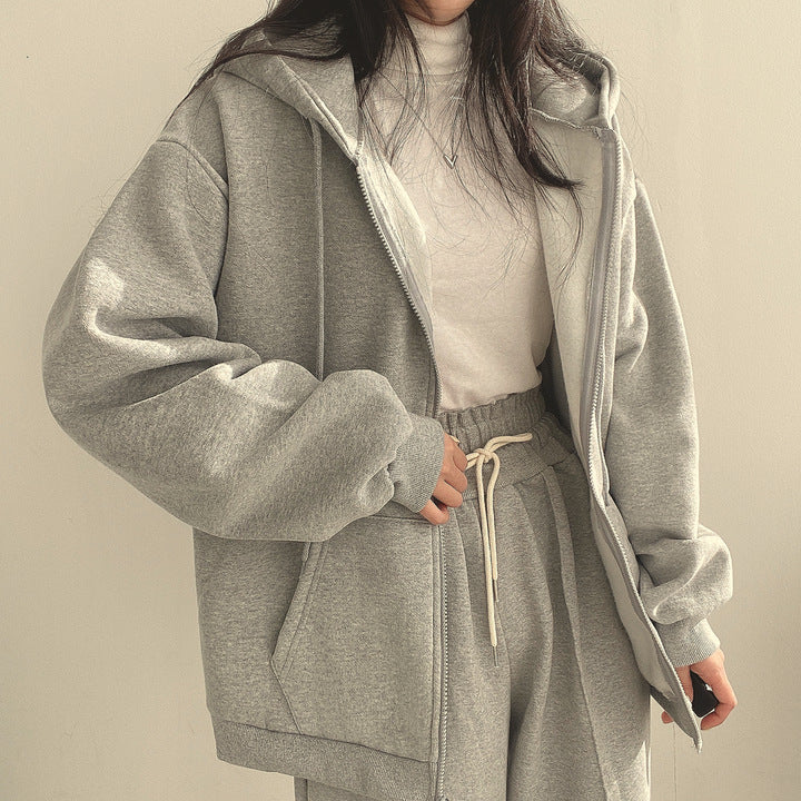 Plush Lined Zip-Up Hooded Sweatshirt Jacket