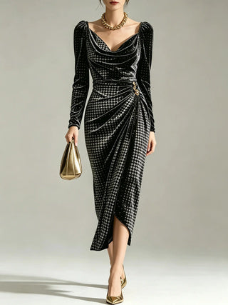 Long Sleeve Velvet Slit Sheath Dress