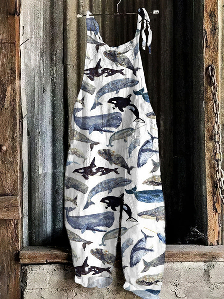 Vintage Sweet Print Loose Suspender Pants for Women