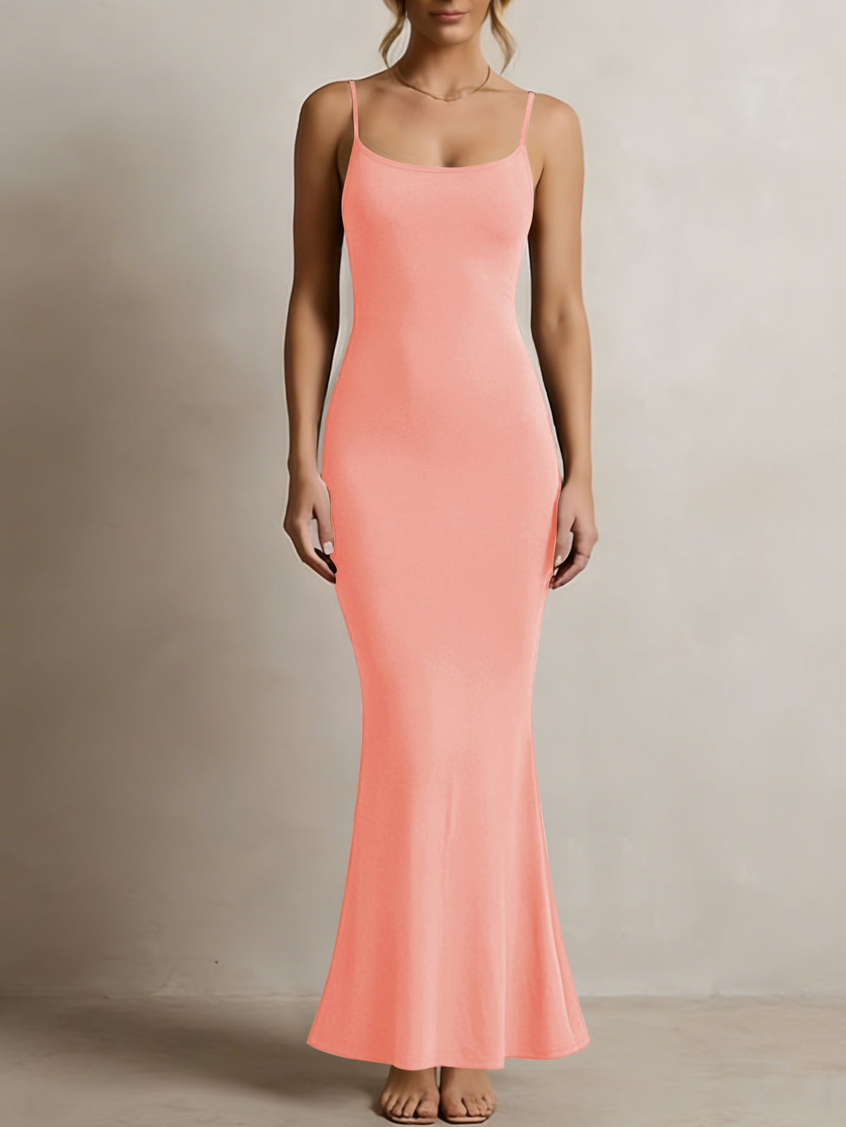 Women's Solid Color Spaghetti Strap Square Neck Bodycon Maxi Dress, Elegant Sleeveless Mermaid Evening Dress Summer Dress for Women