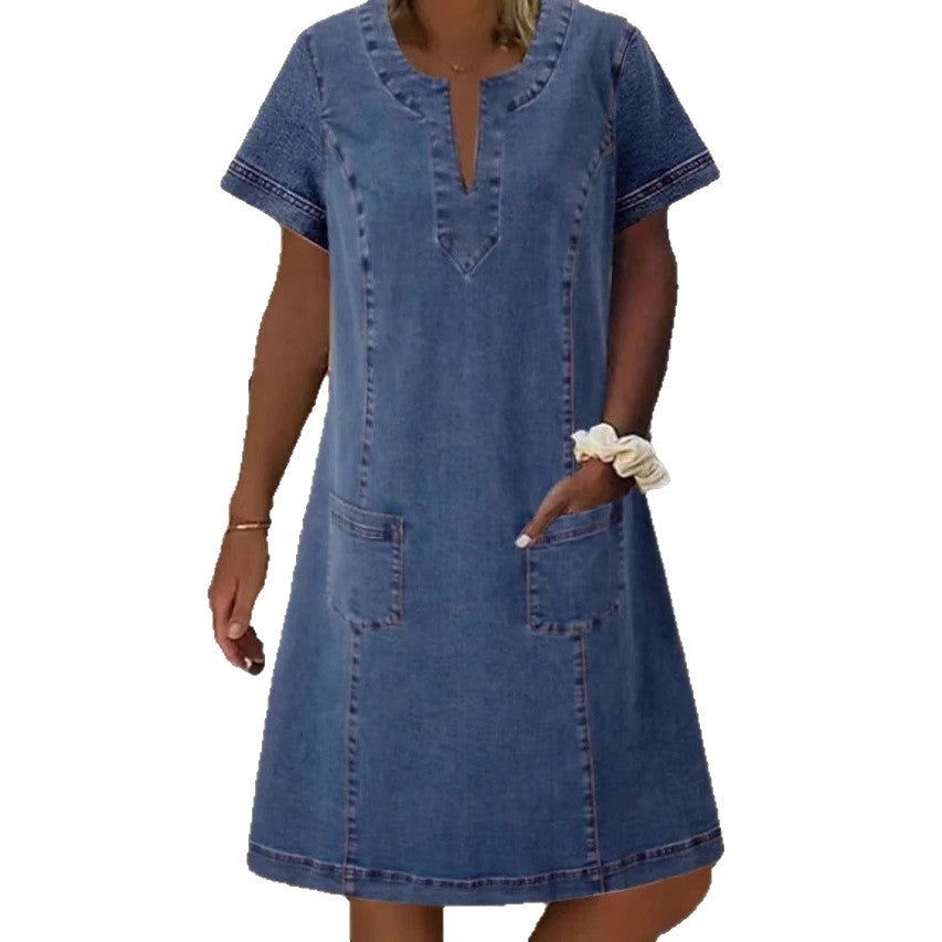T-selling New Women's V-neck Pleated Pocket Short-sleeve Denim Dres…